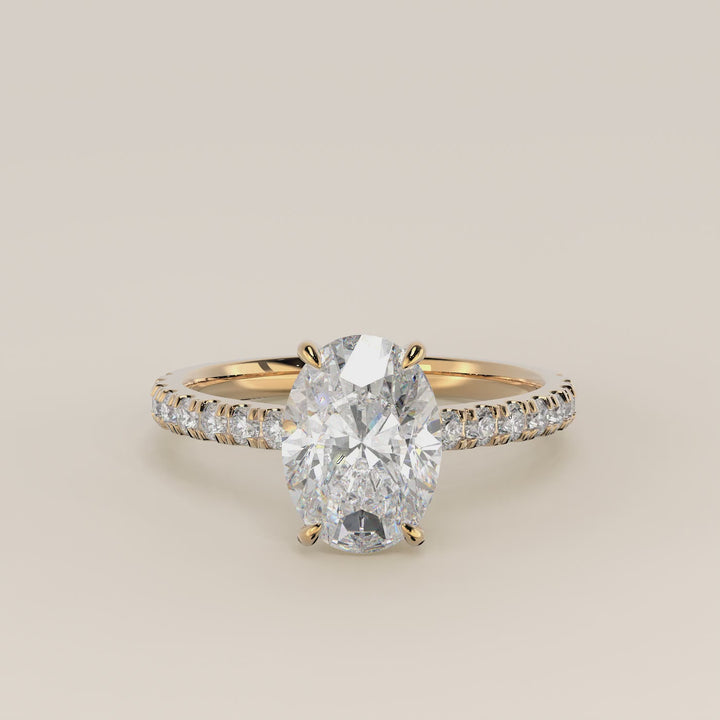 Kiya - Oval Lab Grown Diamond Ring with Hidden Halo, Pave Band and Open Bridge Setting