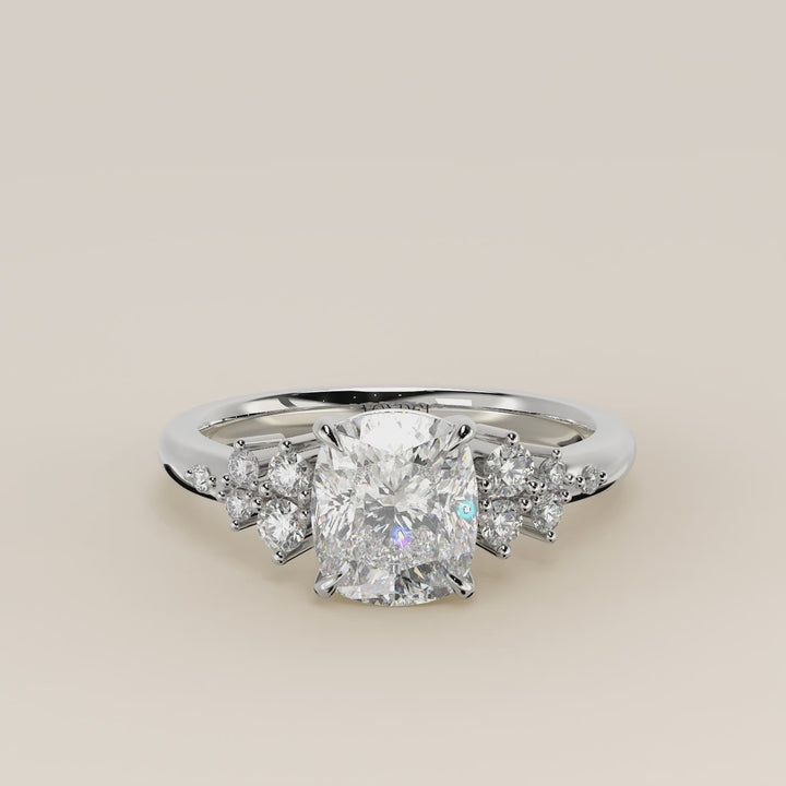 Verlovingsring elongated cushion lab grown diamant met hidden halo en lage zetting, witgoud