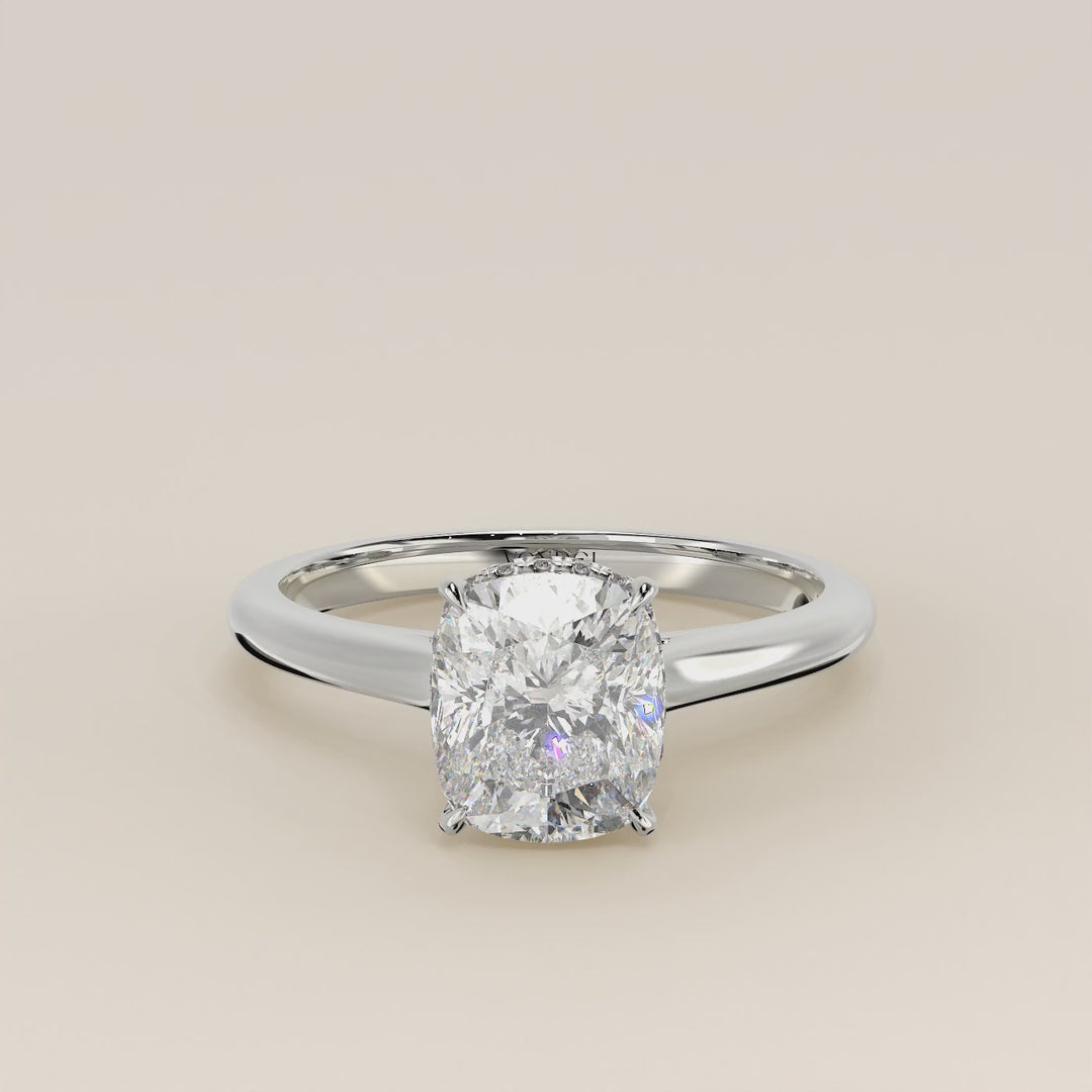Mikki - Elongated Cushion Solitair Lab Grown Diamond Ring with Cathedral Setting and Wrap Around Halo