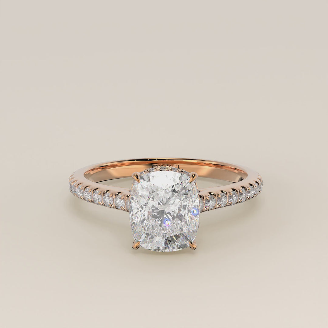 Lana - Elongated Cushion Solitair Lab Grown Diamond Ring with Cathedral Setting, Pave Band and Wrap Around Halo