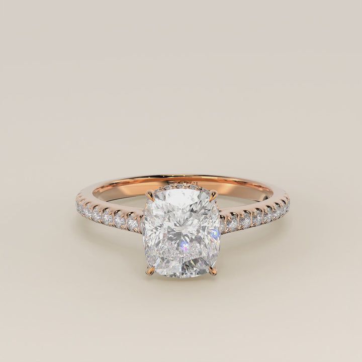 Lana - Elongated Cushion Solitair Lab Grown Diamond Ring with Cathedral Setting, Pave Band and Wrap Around Halo