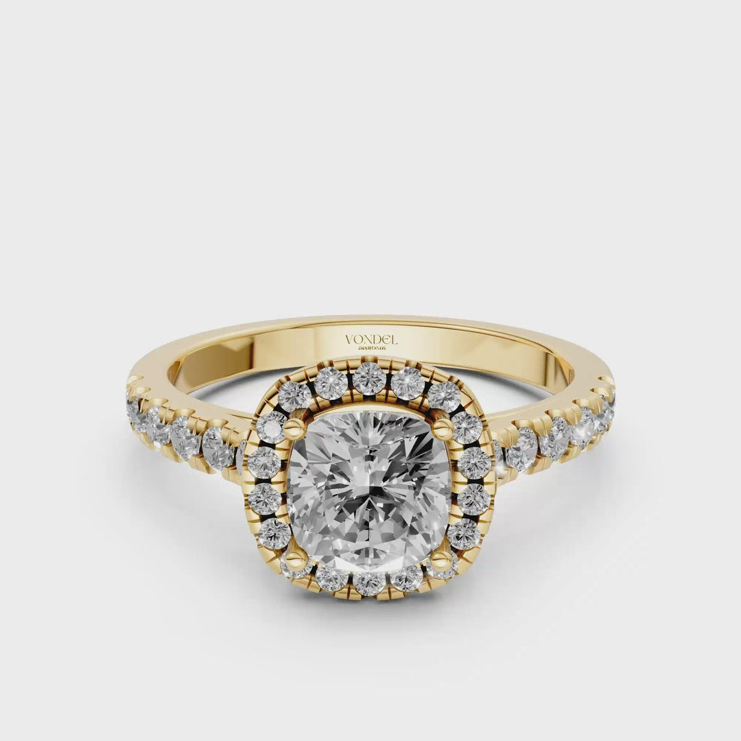 Cushion Halo Ring met Pave Band en Lage Zetting - 1,42 ct