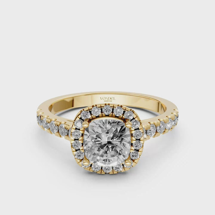 Cushion Halo Ring met Pave Band en Lage Zetting - 1,42 ct