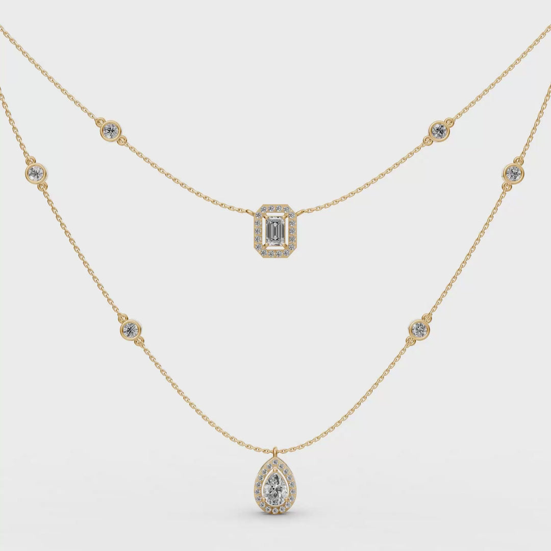 Gelaagd Collier met Emerald en Peer met Halo  - 18K Goud