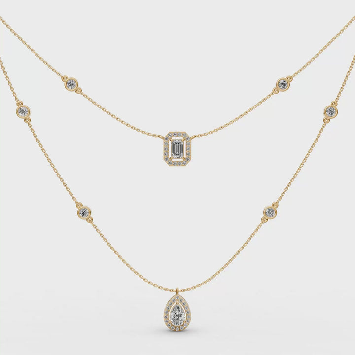 Gelaagd Collier met Emerald en Peer met Halo  - 18K Goud