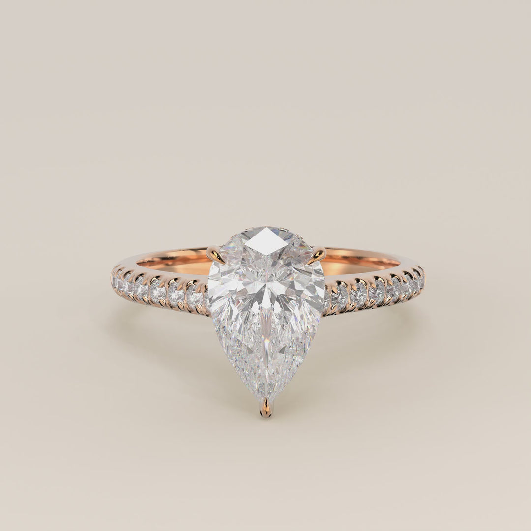 Verlovingsring peer lab grown diamant met pave band, hidden halo en diamond bridge, rosegoud