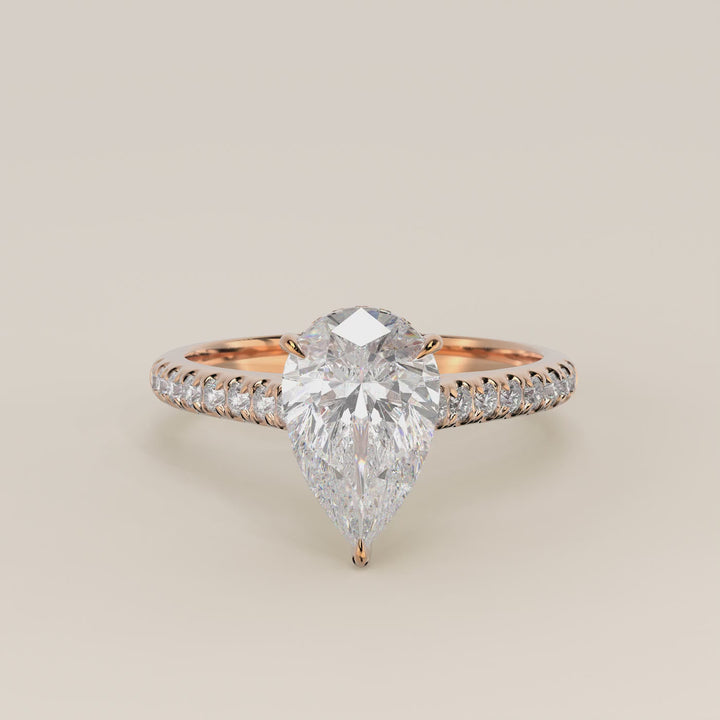 Verlovingsring peer lab grown diamant met pave band, hidden halo en diamond bridge, rosegoud