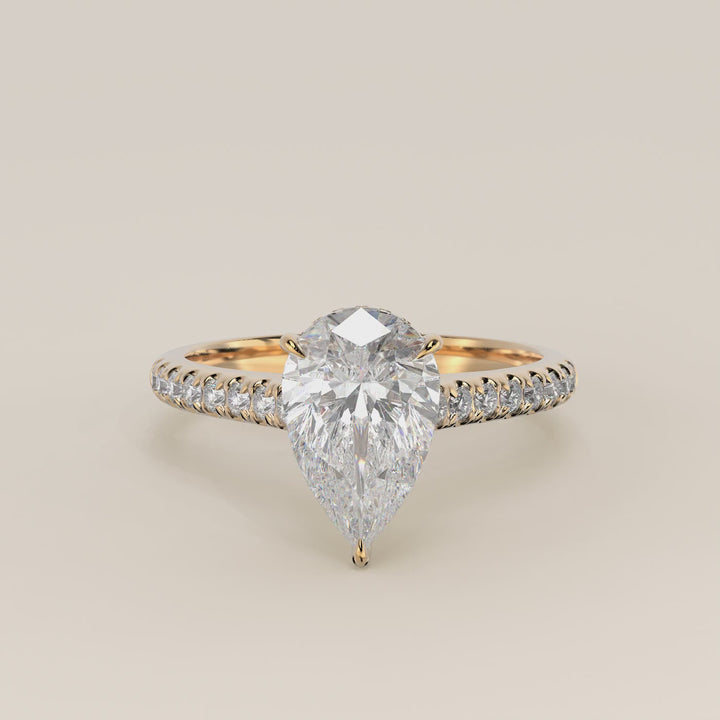 Verlovingsring peer lab grown diamant met pave band, hidden halo en diamond bridge, geelgoud