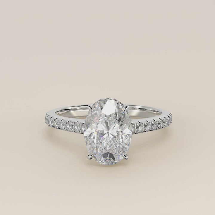 Lana - Oval Solitair Lab Grown Diamond Ring with Cathedral Setting, Pave Band and Wrap Around Halo