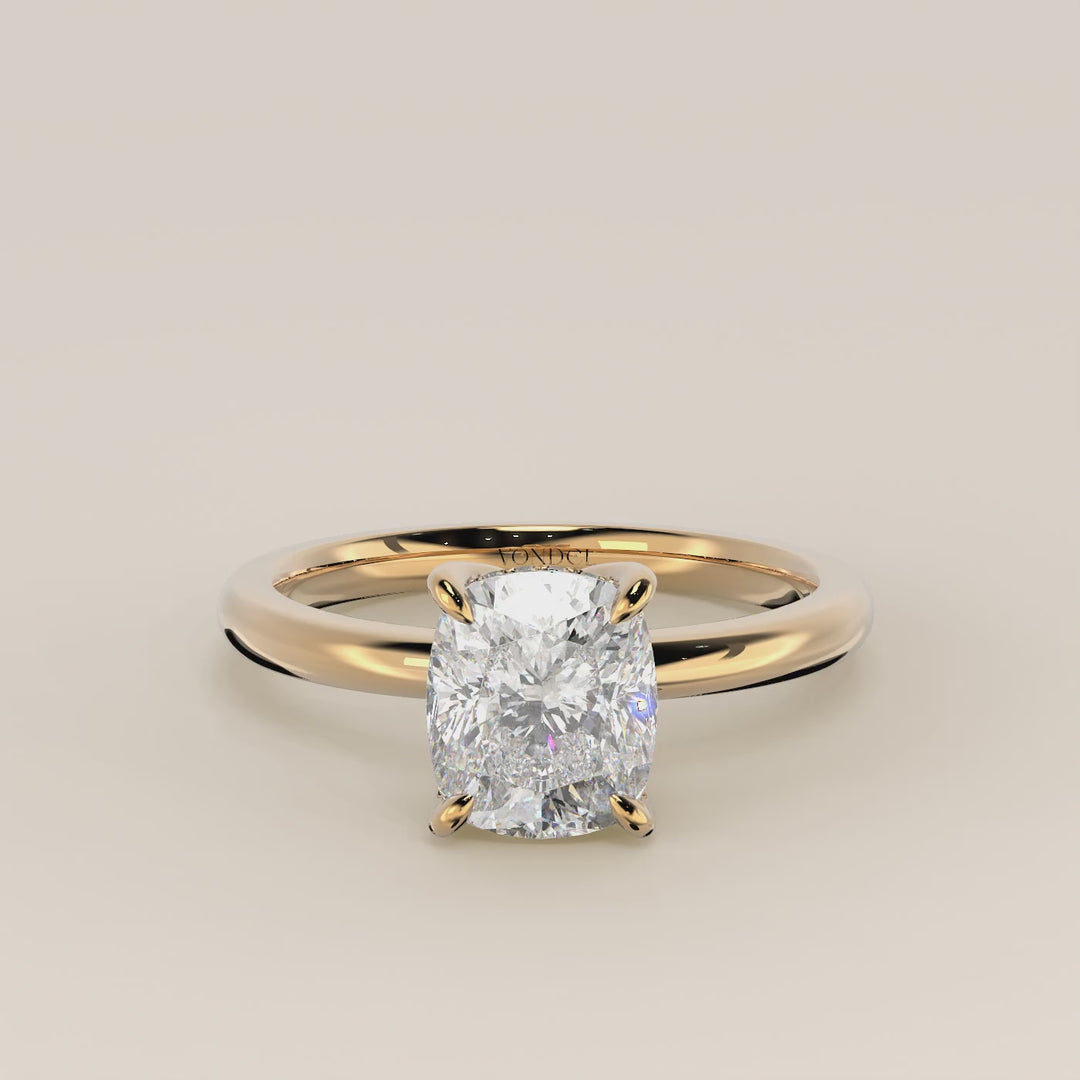 Lynn - Elongated Cushion Solitair Lab Grown Diamond Ring with Petal Prongs and Hidden Halo