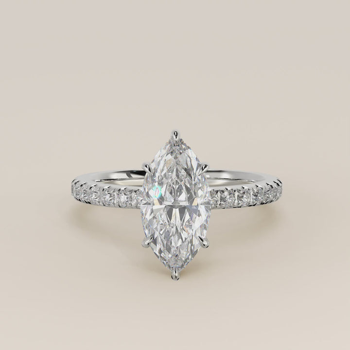 Verlovingsring marquise lab grown diamant met hidden halo en pave band, witgoud