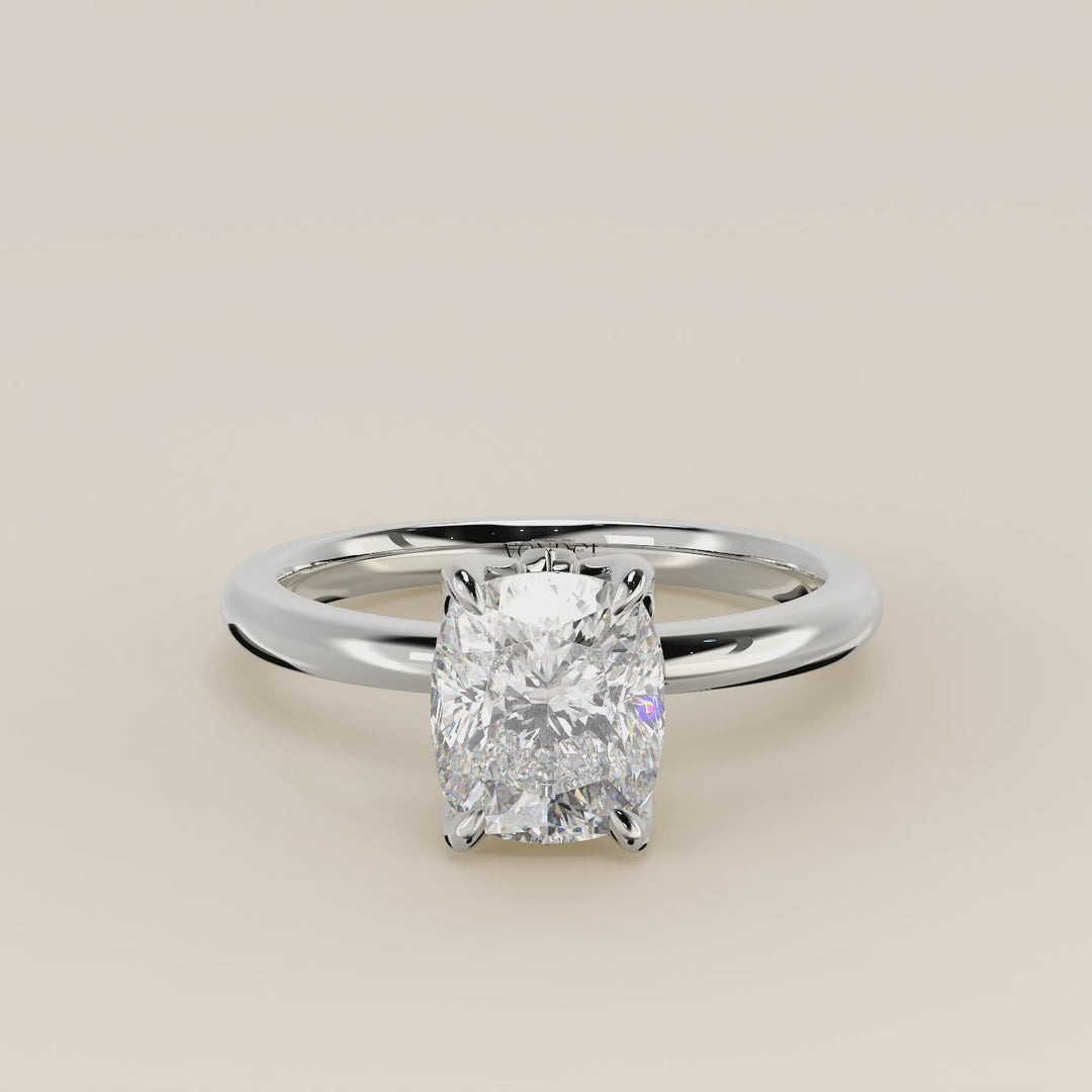 Verlovingsring elongated cushion lab grown diamant met petal prongs, witgoud