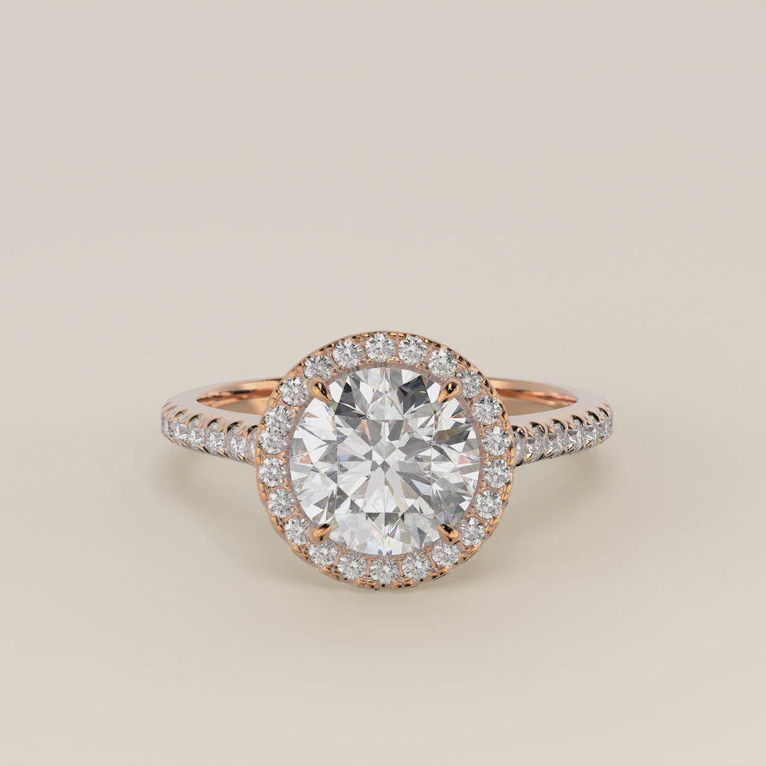 Verlovingsring rond lab grown diamant met halo en pave band, rosegoud