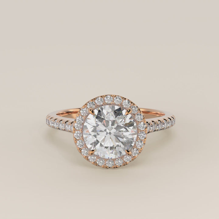 Verlovingsring rond lab grown diamant met halo en pave band, rosegoud