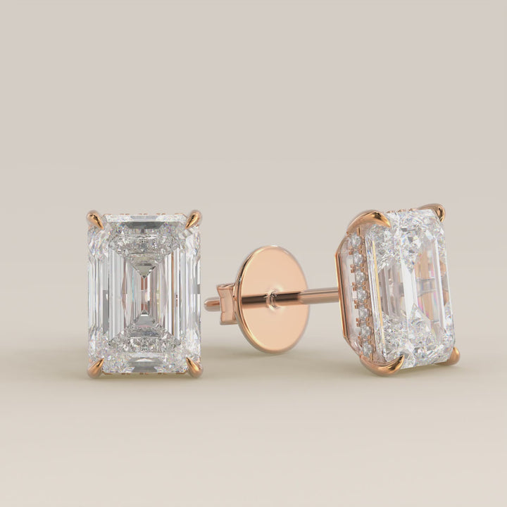 Stud oorbellen emerald lab grown diamant met hidden halo, rosegoud