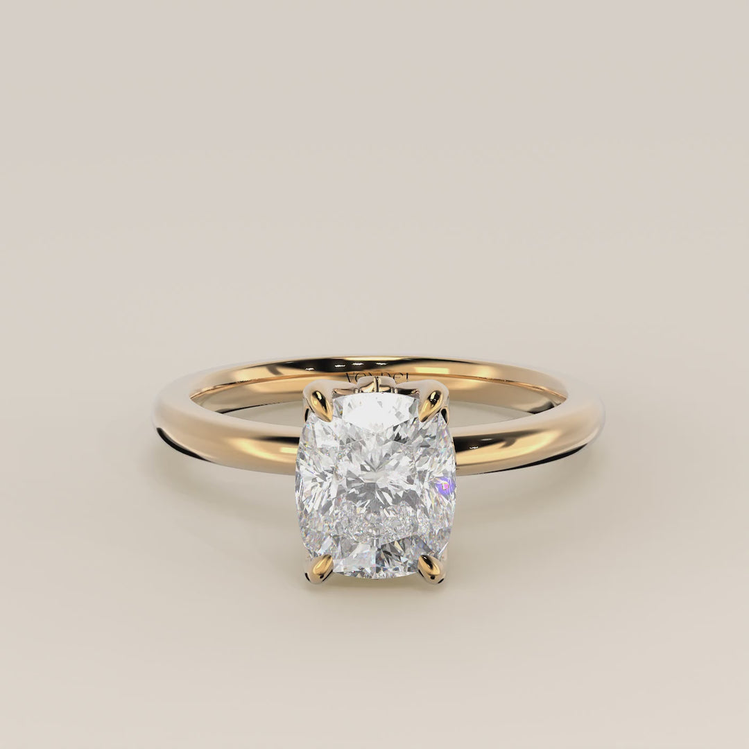Verlovingsring elongated cushion lab grown diamant met petal prongs, geelgoud