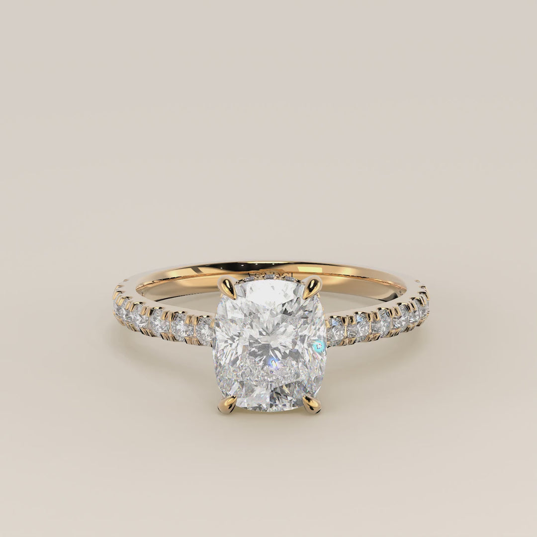 Kiya - Elongated Cushion Lab Grown Diamond Ring with Hidden Halo, Pave Band and Open Bridge Setting