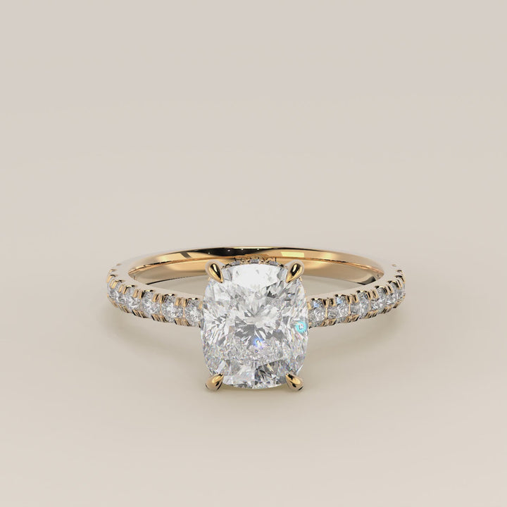 Kiya - Elongated Cushion Lab Grown Diamond Ring with Hidden Halo, Pave Band and Open Bridge Setting