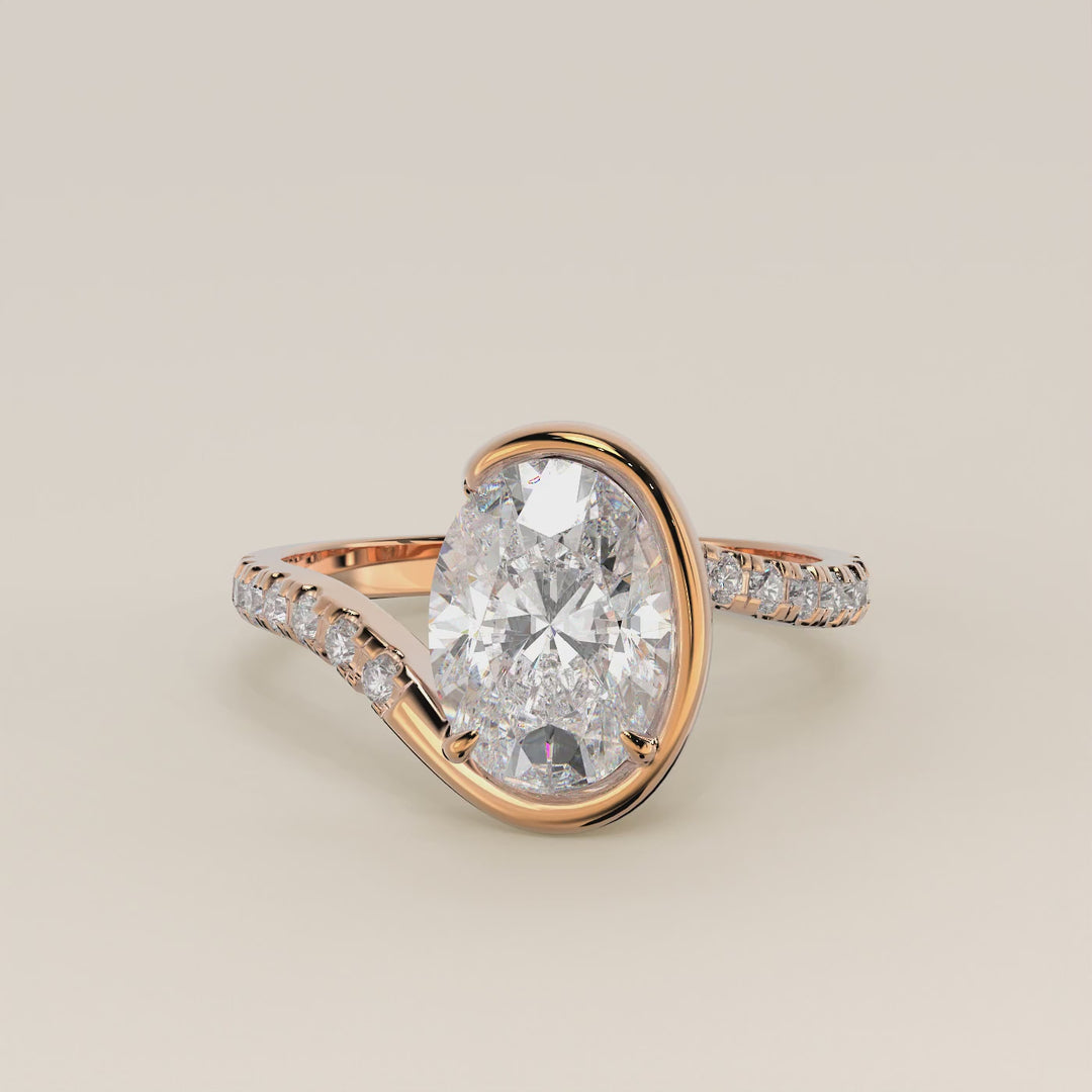 Jente - Oval Lab Grown Diamond Half Bezel Wave Ring with Pave Band
