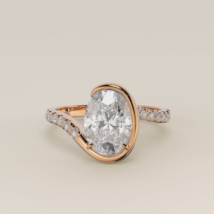 Jente - Oval Lab Grown Diamond Half Bezel Wave Ring with Pave Band