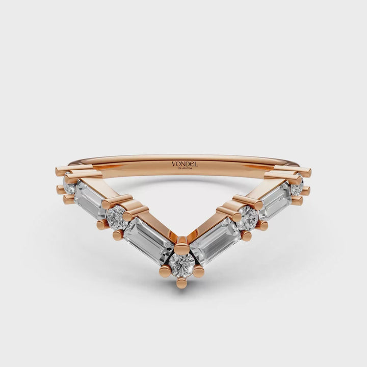 V-vormige Rijring met Baguette en Rond Briljant Geslepen Diamanten - 0,60 ct