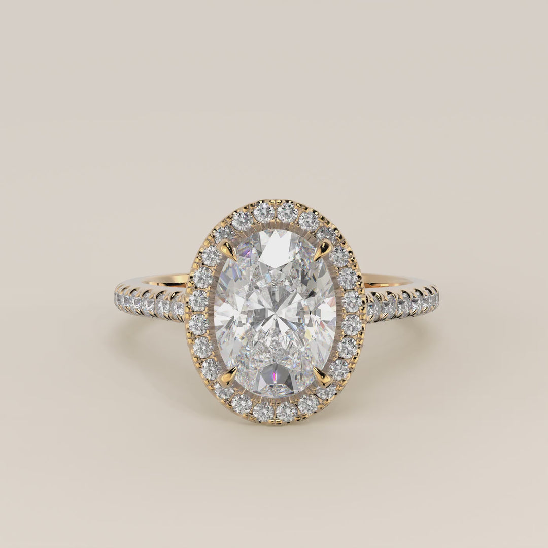 Romy - Oval Halo Lab Grown Diamond Ring with Pave Band and Diamond Bridge