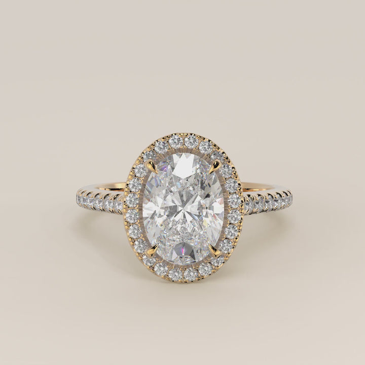 Romy - Oval Halo Lab Grown Diamond Ring with Pave Band and Diamond Bridge