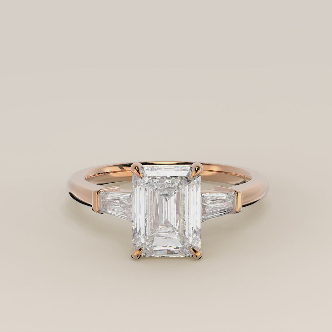 Alessia - Emerald Baguette Trilogyy Lab Grown Diamond Ring with Pointed Prongs
