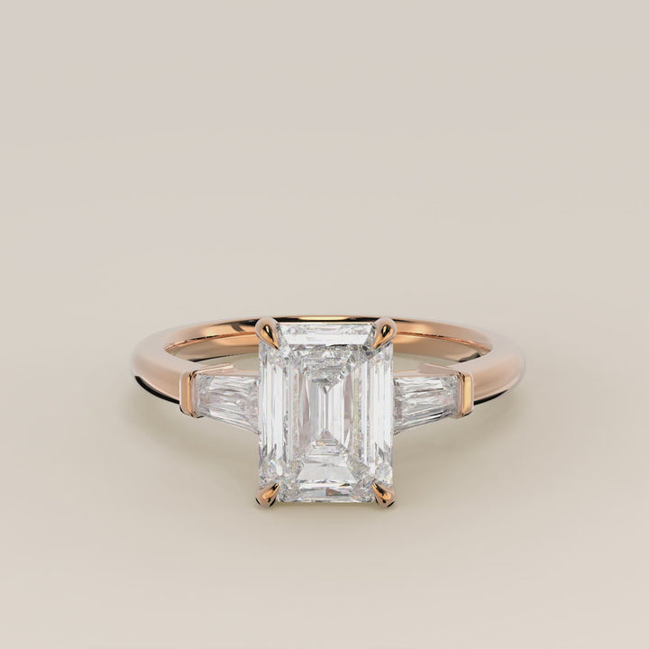 Alessia - Emerald Baguette Trilogyy Lab Grown Diamond Ring with Pointed Prongs