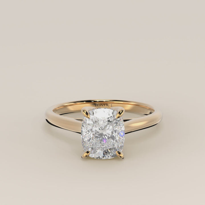 Verlovingsring elongated cushion lab grown diamant met petal prongs en hidden halo, geelgoud
