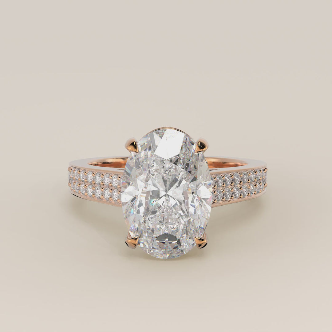 Verlovingsring ovaal lab grown diamant met brede pave band, cathedral setting en hidden halo, rosegoud