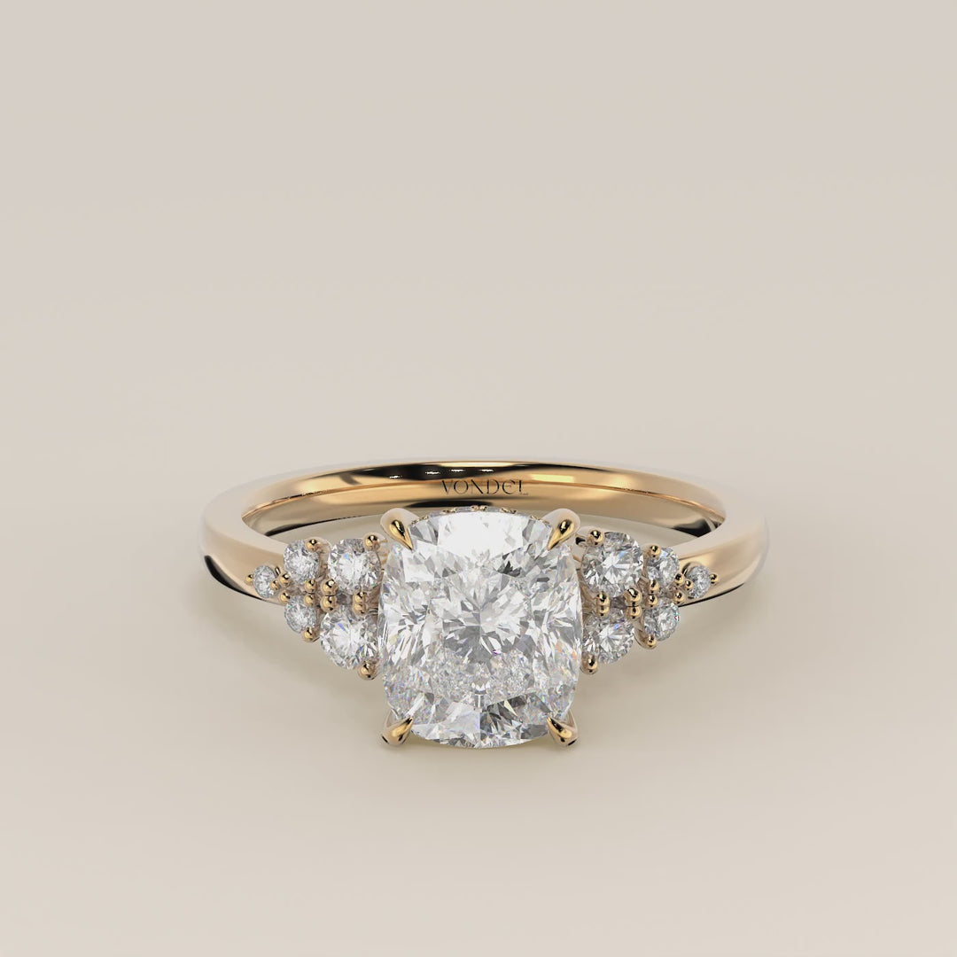 Verlovingsring elongated cushion lab grown diamant met snowdrift en hidden halo, geelgoud