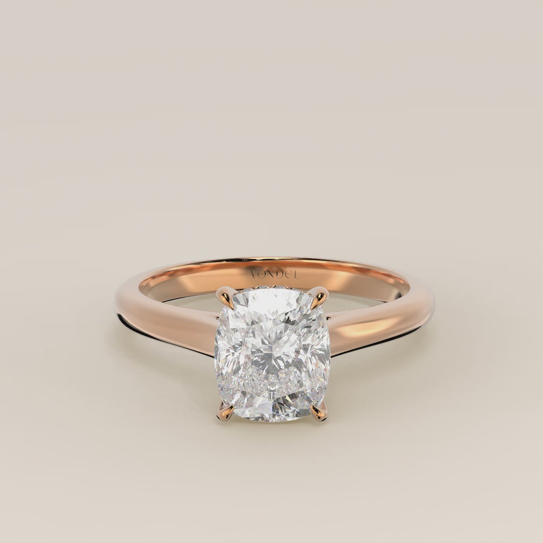 Verlovingsring elongated cushion lab grown diamant met cathedral setting en hidden halo, rosegoud