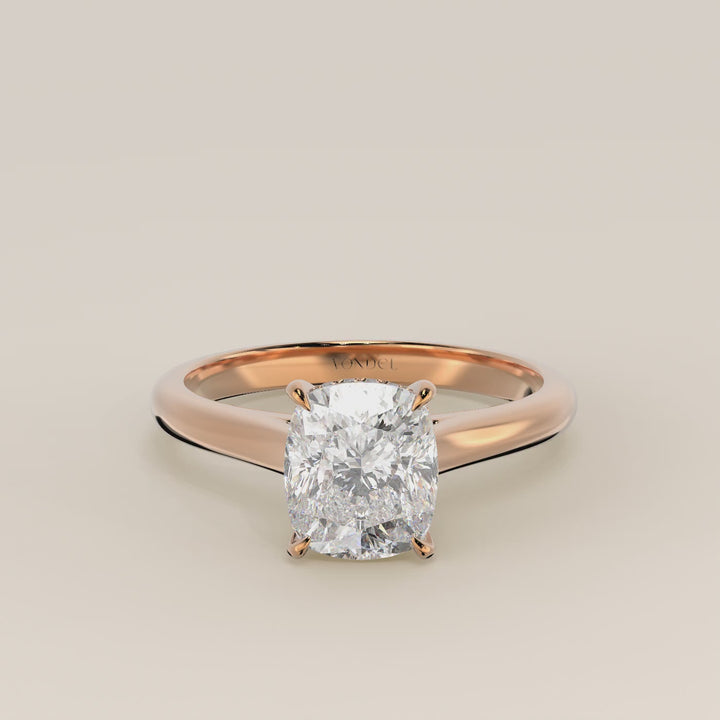 Verlovingsring elongated cushion lab grown diamant met cathedral setting en hidden halo, rosegoud