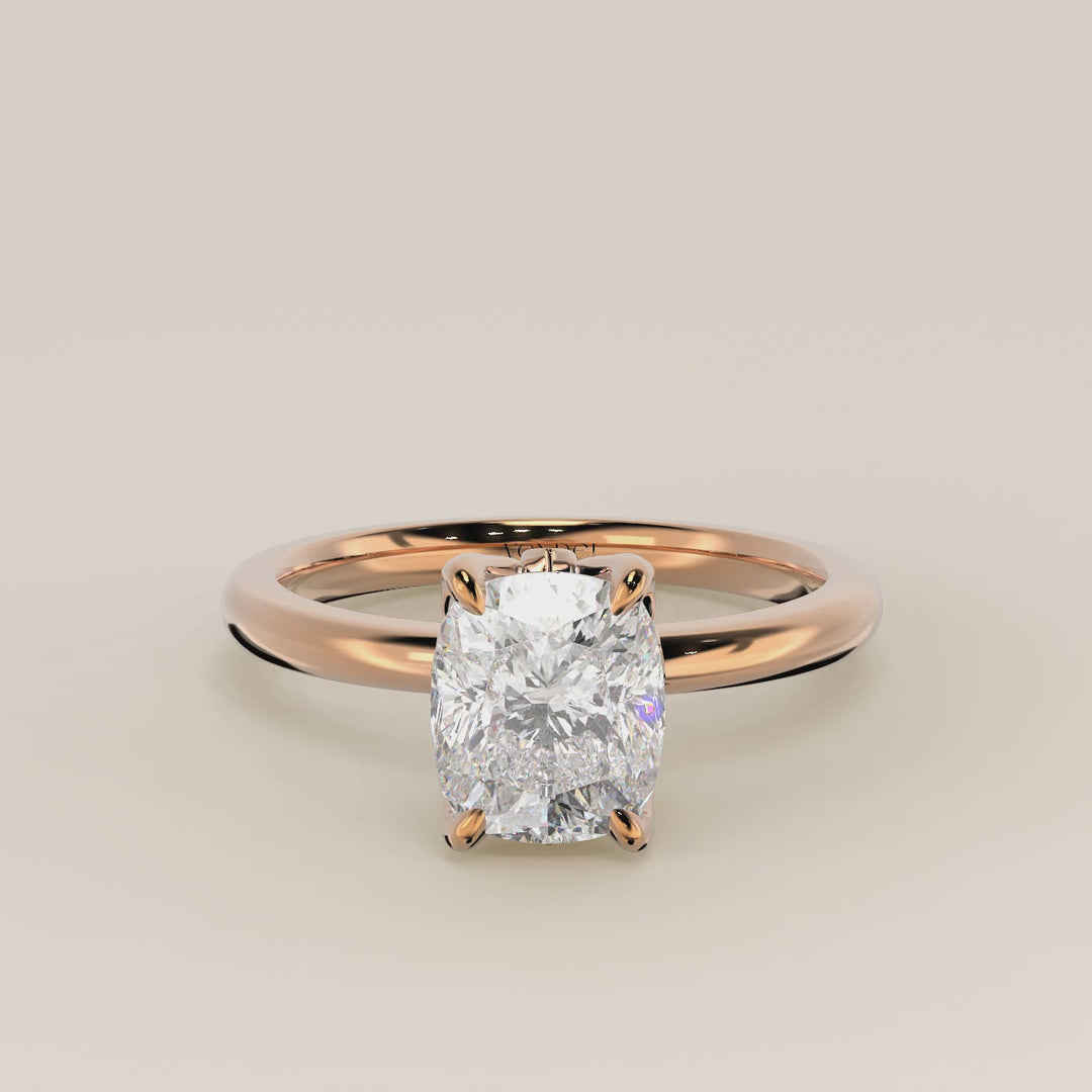 Verlovingsring elongated cushion lab grown diamant met petal prongs, rosegoud