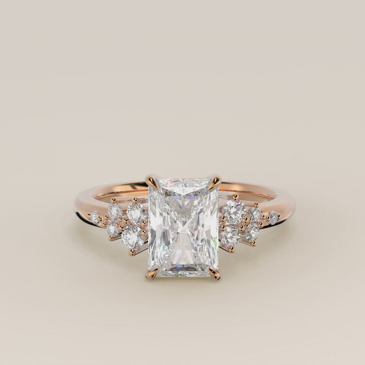 Verlovingsring radiant lab grown diamant met hidden halo en lage zetting, rosegoud