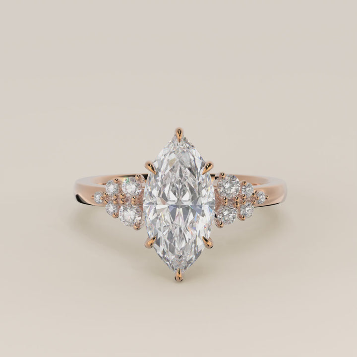 Verlovingsring marquise lab grown diamant met snowdrift en hidden halo, rosegoud