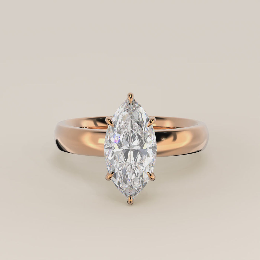 Verlovingsring marquise lab grown diamant met brede band en hidden halo, rosegoud