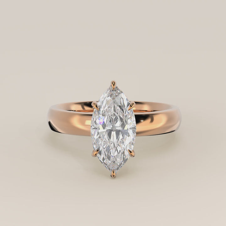 Verlovingsring marquise lab grown diamant met brede band en hidden halo, rosegoud