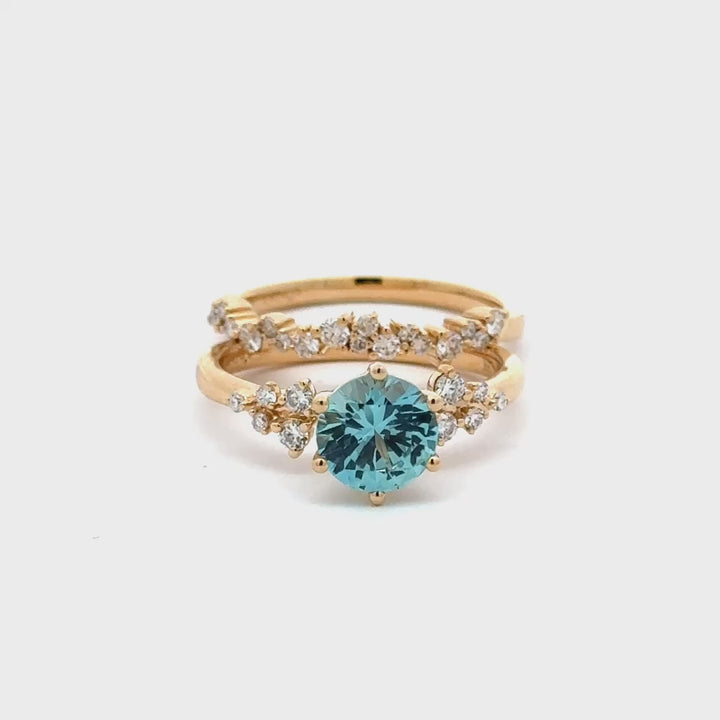 Light Blue Sapphire 1,5 ct Rond Ring met Aanschuifring Set Diamant Snowdrift   - 18K Geelgoud