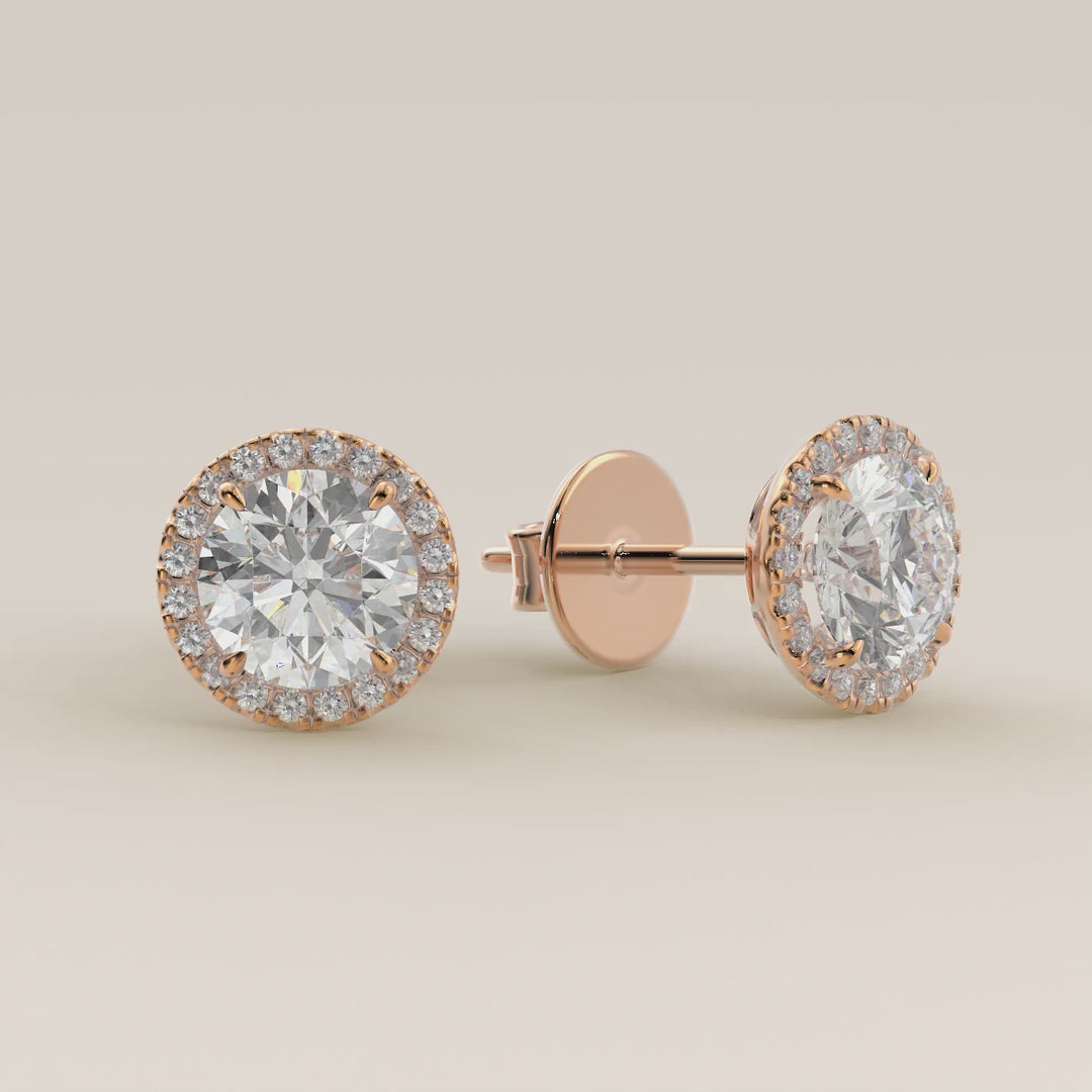 Stud oorbellen halo rond lab grown diamant, rosegoud