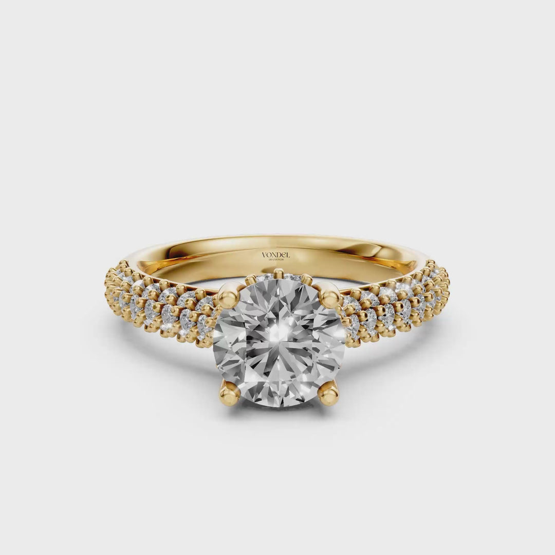 Rond Briljant Solitaire met Brede Pave Band - 18K Geelgoud - 1,84 ct
