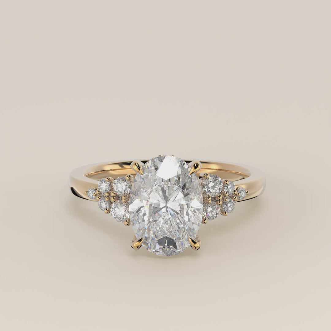 Verlovingsring ovaal lab grown diamant met snowdrift en hidden halo, geelgoud