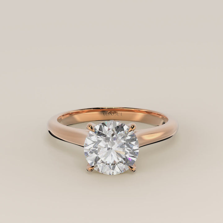 Verlovingsring rond lab grown diamant met cathedral setting, hidden halo en diamond bridge, rosegoud