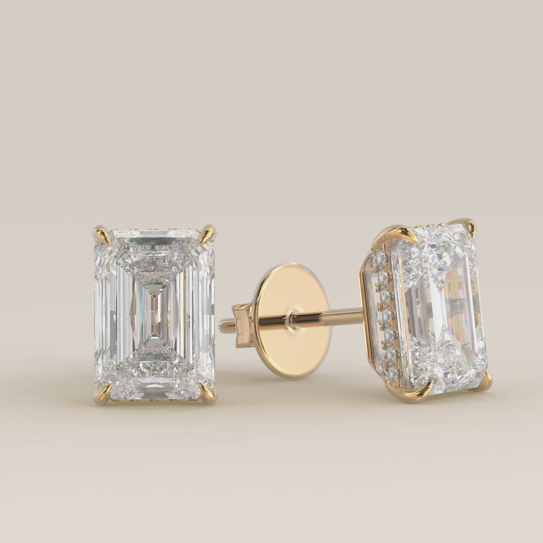 Stud oorbellen emerald lab grown diamant met hidden halo, geelgoud