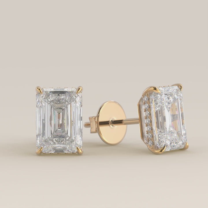 Stud oorbellen emerald lab grown diamant met hidden halo, geelgoud