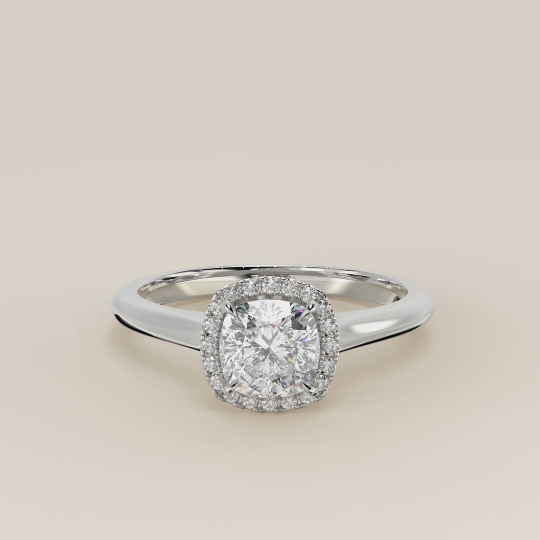 Verlovingsring cushion halo lab grown diamant met cathedral en hoge zetting, witgoud