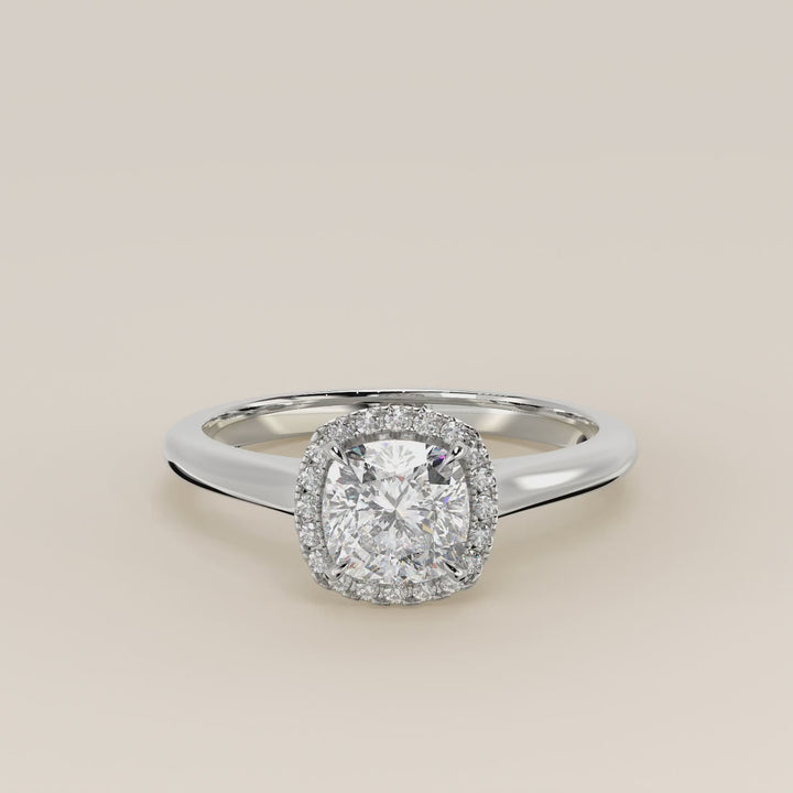 Verlovingsring cushion halo lab grown diamant met cathedral en hoge zetting, witgoud