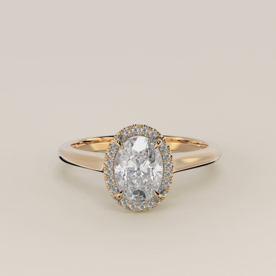 Verlovingsring ovoal halo lab grown diamant met cathedral en hoge zetting, geelgoud
