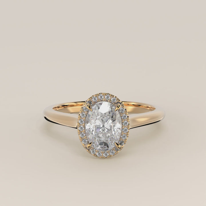 Verlovingsring ovoal halo lab grown diamant met cathedral en hoge zetting, geelgoud